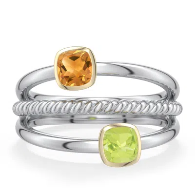 Angara 0.6 Ctw Sterling Silver And 18k Yellow Gold Cushion Citrine And Peridot Ring In Silver & 18k Yellow Gold/light Yellow