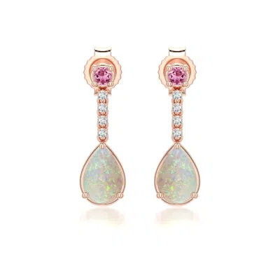 Angara 0.62 Ctw Pear Opal Drop Earrings With Pink Tourmaline Accent In Rose Gold/milky With Medium Play Of Colour
