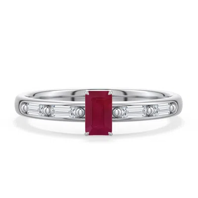 Angara 0.63 Ctw Emerald-cut Ruby Engagement Ring With Baguette Accents In Metallic