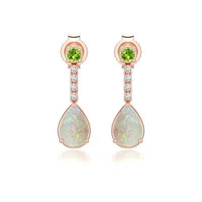 Angara 0.64 Ctw Pear Opal Drop Earrings With Peridot Accent In Rose Gold/milky With Medium Play Of Colour