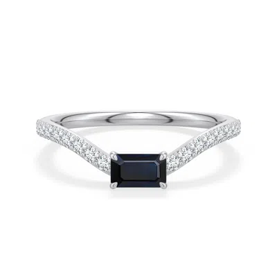 Angara 0.65 Ctw East-west Emerald-cut Blue Sapphire Curved Engagement Ring With Accents In Platinum/dark Blue