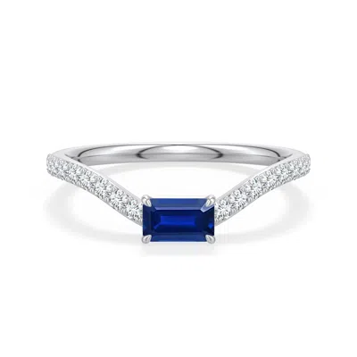 Angara 0.65 Ctw East-west Emerald-cut Lab-grown Blue Sapphire Curved Engagement Ring With Accents In Platinum/deep Rich Blue