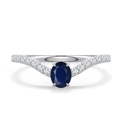 Angara 0.65 Ctw Oval Blue Sapphire Curved Engagement Ring With Accents In Metallic