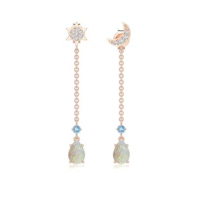 Angara 0.65 Ctw Pear Opal Star And Moon Earrings With Aquamarine Accent In Rose Gold/milky With Medium Play Of Colour