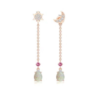 Angara 0.65 Ctw Pear Opal Star And Moon Earrings With Pink Tourmaline Accent In Rose Gold/milky With Medium Play Of Colour