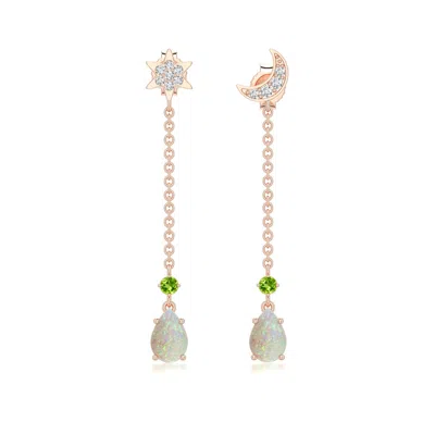 Angara 0.67 Ctw Pear Opal Star And Moon Earrings With Peridot Accent In Rose Gold/milky With Medium Play Of Colour