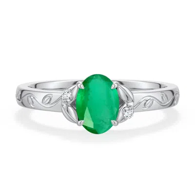Angara 0.68 Ctw Oval Emerald Leaf Vine Engagement Ring In Platinum/medium Green