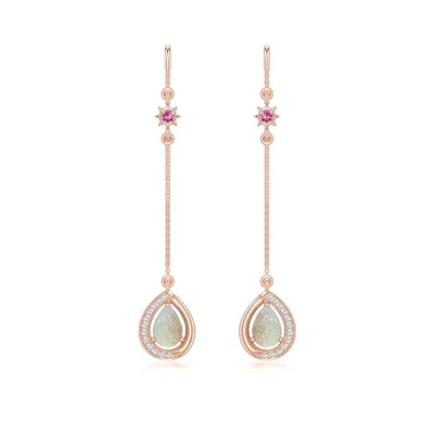 Angara 0.68 Ctw Pear Opal Threader Earrings With Pink Tourmaline Accent In Rose Gold/milky With Medium Play Of Colour