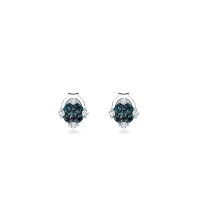 Angara 0.68 Ctw Round Lab-grown Alexandrite Stud Earrings With Accents In Platinum/bluish Green Changing To Brownish Or Pinkish Purple