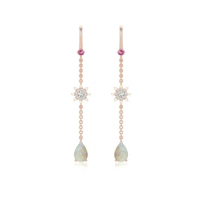 Angara 0.69 Ctw Pear Opal Fish Hook Earrings With Pink Tourmaline Accent In Rose Gold/milky With Medium Play Of Colour