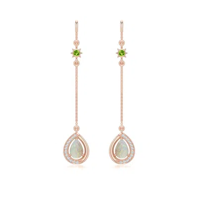 Angara 0.7 Ctw Pear Opal Threader Earrings With Peridot Accent In Rose Gold/milky With Medium Play Of Colour