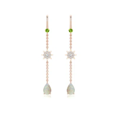 Angara 0.71 Ctw Pear Opal Fish Hook Earrings With Peridot Accent In Rose Gold/milky With Medium Play Of Colour
