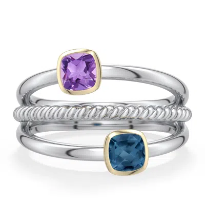 Angara 0.73 Ctw Sterling Silver And 18k Yellow Gold Cushion Amethyst And London Blue Topaz Ring In Silver & 18k Yellow Gold/light Purple