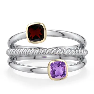 Angara 0.75 Ctw Sterling Silver And 18k Yellow Gold Cushion Garnet And Amethyst Ring In Silver & 18k Yellow Gold/dark Red