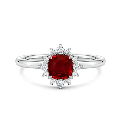 Angara 0.76 Ctw Cushion Lab-grown Ruby Ornate Halo Engagement Ring In Metallic