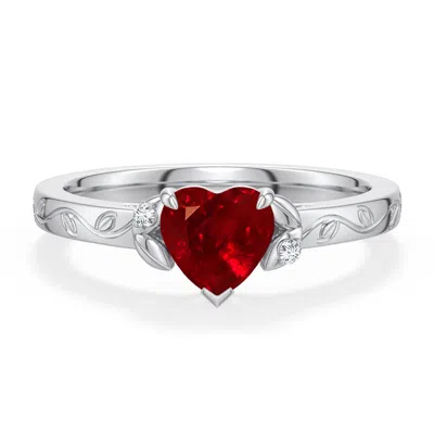 Angara 0.82 Ctw Heart-shaped Lab-grown Ruby Leaf Vine Engagement Ring In Platinum/deep Rich Red
