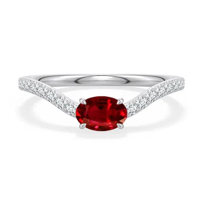 Angara 0.85 Ctw East-west Oval Lab-grown Ruby Curved Engagement Ring With Accents In Platinum/deep Rich Red