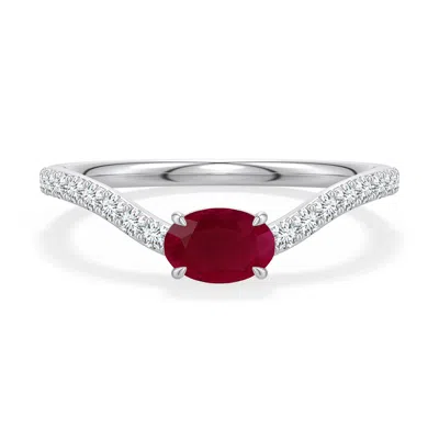 Angara 0.85 Ctw East-west Oval Ruby Curved Engagement Ring With Accents In Platinum/dark Red