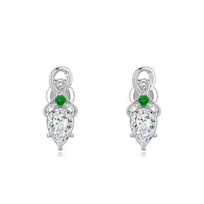 Angara 0.85 Ctw Inverted Pear Lab-grown Diamond Swirl Earrings With Emerald Accent In Metallic