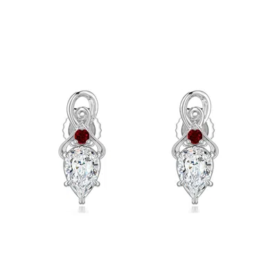 Angara 0.87 Ctw Inverted Pear Lab-grown Diamond Swirl Earrings With Ruby Accent In Metallic