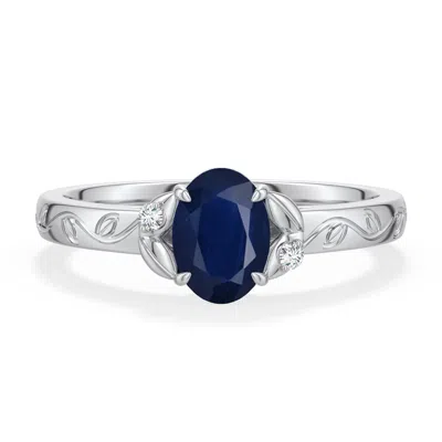 Angara 0.87 Ctw Oval Blue Sapphire Leaf Vine Engagement Ring In Platinum/dark Blue