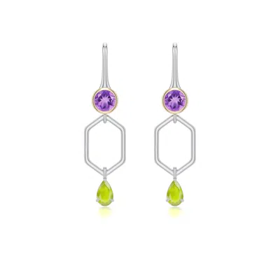 Angara 0.9 Ctw Sterling Silver And 18k Yellow Gold Pear Peridot Hexagonal Earrings In Silver & 18k Yellow Gold/light Yellowish Green