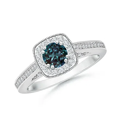 Angara 0.93 Ctw Round Lab-grown Alexandrite Halo Ring With Milgrain In Platinum/bluish Green Changing To Brownish Or Pinkish Purple