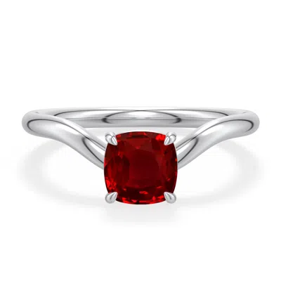 Angara 0.95 Ctw Cushion Lab-grown Ruby Curved Shank Engagement Ring In Platinum/deep Rich Red