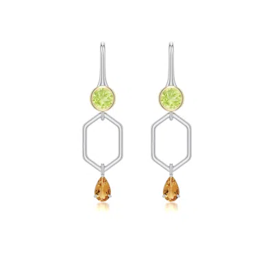 Angara 0.98 Ctw Sterling Silver And 18k Yellow Gold Pear Citrine Hexagonal Earrings In Silver & 18k Yellow Gold/light Yellow