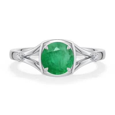 Angara 0.99 Ctw Round Emerald Split Shank Engagement Ring In Platinum/medium Green