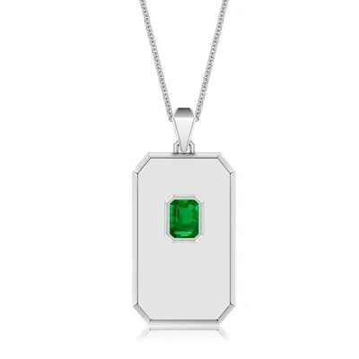 Angara 1.0 Ctw Emerald-cut Lab-grown Emerald Men's Elongated Octagon Tag Pendant In Silver