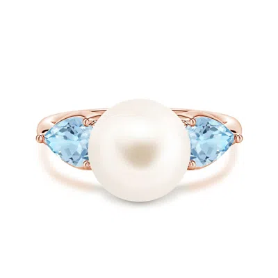 Angara 10 Mm Freshwater Pearl And Horizontal Pear Aquamarine Side Stone Ring In Blue