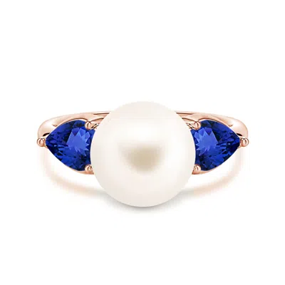 Angara 10 Mm Freshwater Pearl And Horizontal Pear Tanzanite Side Stone Ring In Blue