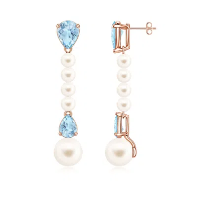 Angara 10 Mm Freshwater Pearl And Pear Aquamarine Long Dangle Earrings In Blue