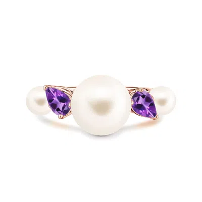 Angara 10 Mm Freshwater Pearl And Tilted Pear Amethyst Tapered Shank Ring In Gold