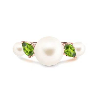Angara 10 Mm Freshwater Pearl And Tilted Pear Peridot Tapered Shank Ring In Green
