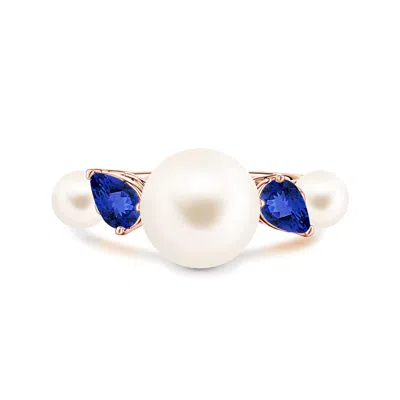 Angara 10 Mm Freshwater Pearl And Tilted Pear Tanzanite Tapered Shank Ring In Blue