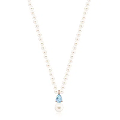 Angara 10 Mm Single Strand Freshwater Pearl And Pear Aquamarine Necklace In Gold