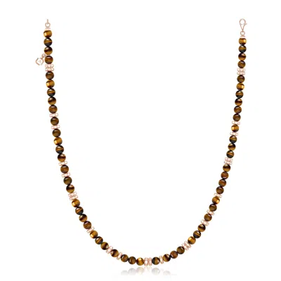 Angara 100.8 Ctw Men's Tiger's Eye Beaded Necklace With Octagon Metal Motifs In Brown