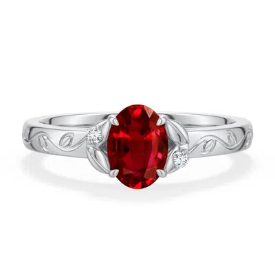 Angara 1.02 Ctw Oval Lab-grown Ruby Leaf Vine Engagement Ring In Platinum/deep Rich Red