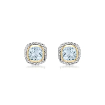 Angara 1.04 Ctw Sterling Silver And 18k Yellow Gold Cushion Aquamarine Stud Earrings In Silver & 18k Yellow Gold/light Sky Blue