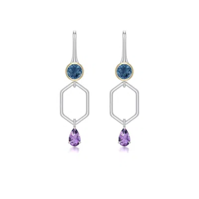 Angara 1.04 Ctw Sterling Silver And 18k Yellow Gold Pear Amethyst Hexagonal Earrings In Silver & 18k Yellow Gold/light Purple