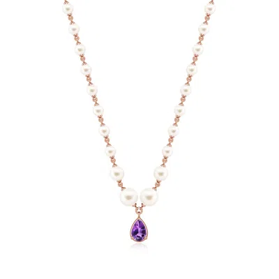 Angara 10.43 Ctw Pear Amethyst And Freshwater Pearl Drop Necklace In Gold
