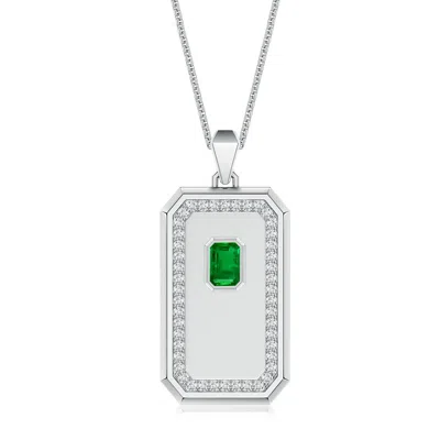 Angara 1.05 Ctw Emerald-cut Lab-grown Emerald Halo Men's Elongated Octagon Tag Pendant In Metallic