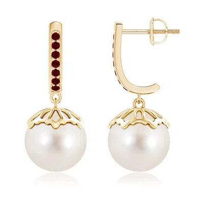 Angara 10mm Classic Freshwater Pearl & Ruby Dangle Earrings In Gold