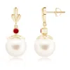 Angara 10mm Freshwater Pearl & Ruby Pear Motif Earrings In Yellow Gold/white
