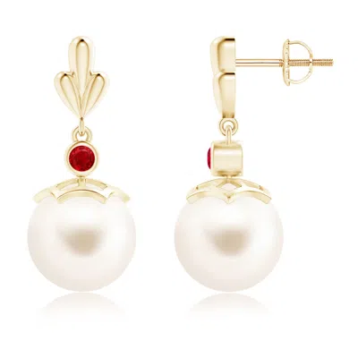 Angara 10mm Freshwater Pearl & Ruby Pear Motif Earrings In Burgundy