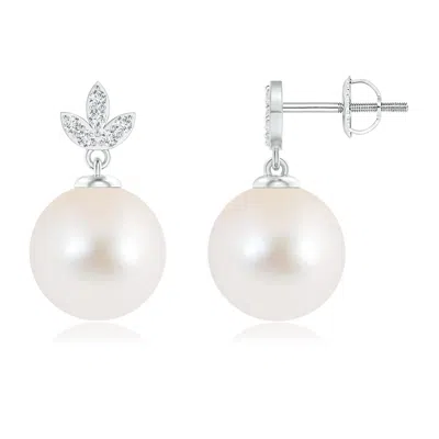 Angara 10mm Freshwater Pearl Earrings With Diamond Leaf Motifs In Metallic