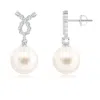 Angara 10mm Freshwater Pearl Earrings With Diamond Ribbon In White Gold/white