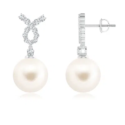 Angara 10mm Freshwater Pearl Earrings With Diamond Ribbon In Metallic